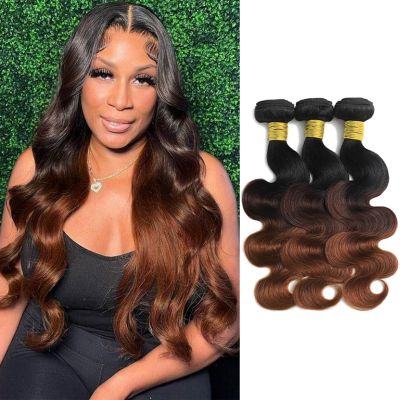 Body Wave Bundles Human Hair 16 18 20 Ombre Bundles 3 Tone 12A Brazilian Virgin Human Hair Extensions T1/2/30 Black to Honey Blonde/Medium Auburn