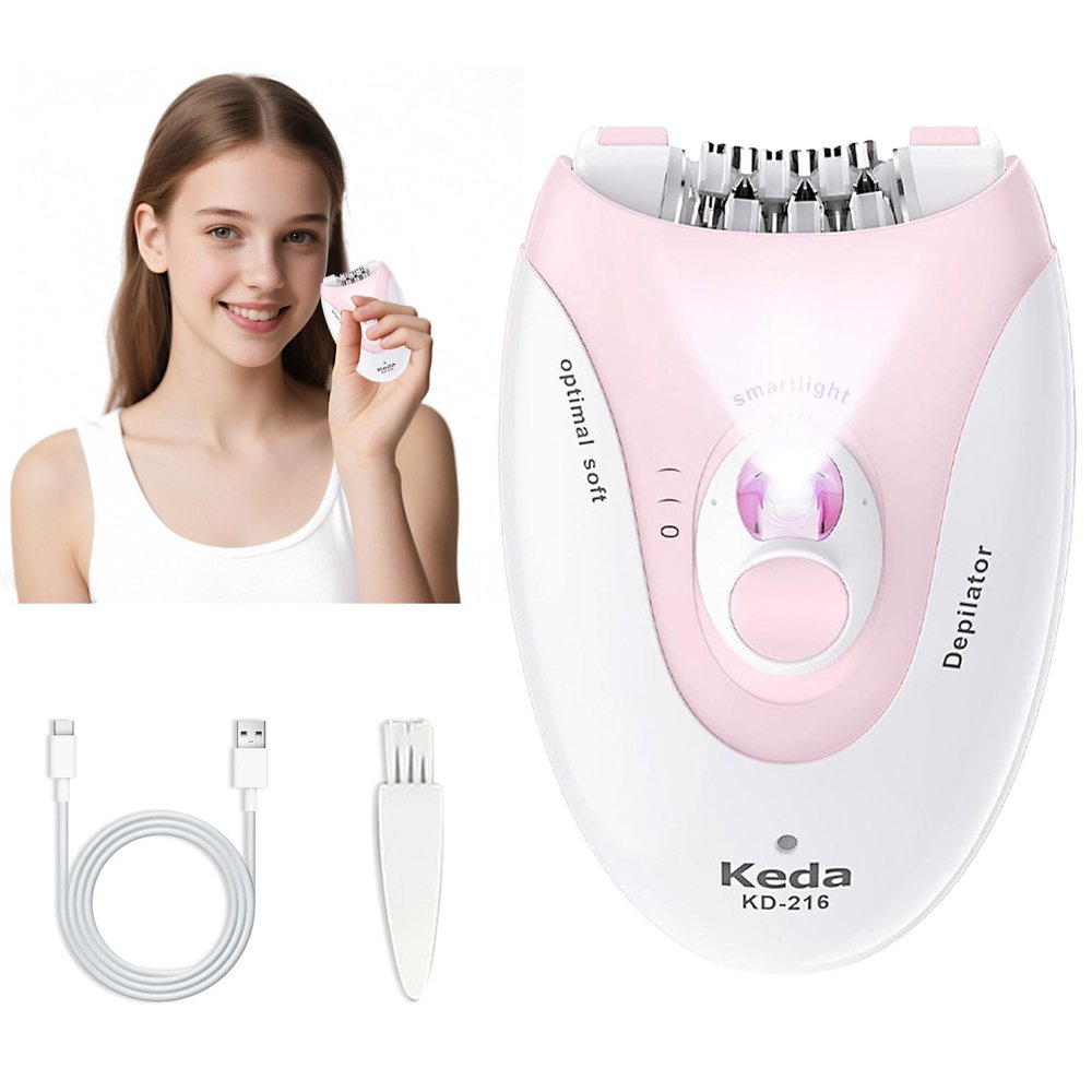 Epilator for Women, 2 Speed Facial Hair Removal, Electric Lady Shaver with LED Light, Rechargeable Portable Epilator, Painless Hair Removal Device for Bikini, Face, Arm, Legs, Armpits (Pink)