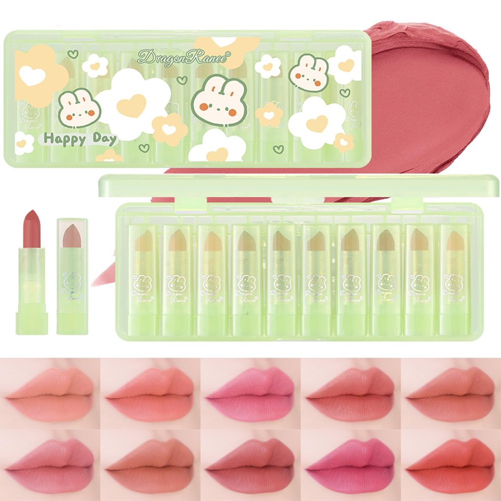 10 Pcs Lip Tint Set Cute Glossy Lip Stains and Matte Lipsticks with Long-lasting and Quick-drying Mini Lip Gloss Lipstick for Makeup Gift (Green Rabbit, Lipstick)