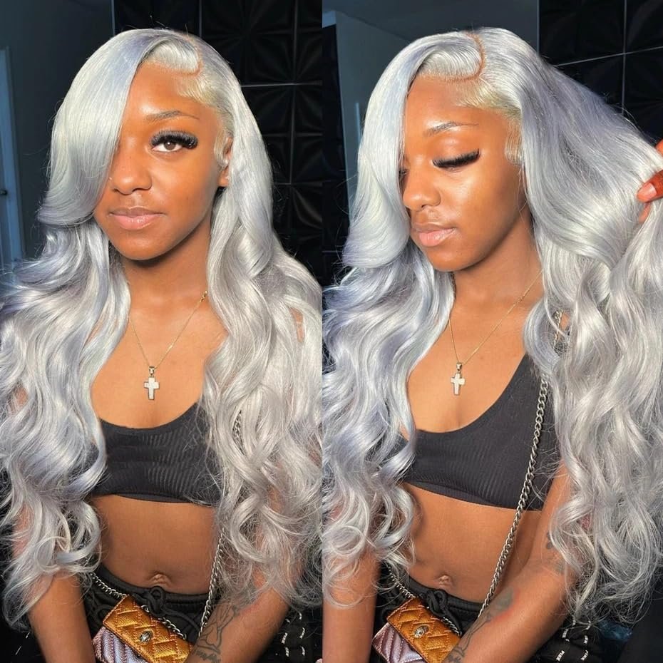 YNICKRKR Hair Wigs 13x6 Silver Grey Straight Lace Front Human Hair Wigs Pre Plucked 613 Blonde Body Wave Frontal Wigs for Women Brazilian Hair Wigs(Gray Body Wave Wig,180 Density 13X6 Wig_38INCHES)