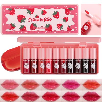 MooGlamor 10 Pcs Lip Tint Set Cute Glossy Lip Stains and Matte Lipsticks with Long-lasting and Quick-drying Mini Lip Gloss Lipstick for Makeup Gift (Strawberry, Lip Gloss)