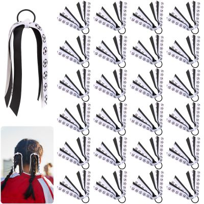 24 Pcs Soccer Hair Accessories for Girls, Holder Streamer Elastics, Soccer Hair Ties, Soccer Ribbon,Soccer Scrunchies for Girls Ponytail Holder Scrunchies Gifts (Black & White, 24 Count (Soccer))