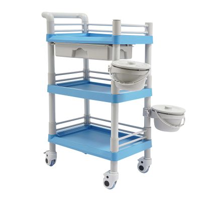 BANEBONE 3-Tier Mobile Storage Cart with Drawer & 2 Garbage Baskets - Movable Beauty Organizer for Salon, Spa, Clinic - Sturdy ABS Material, 176lbs Load Capacity, Modern Design (Blue)