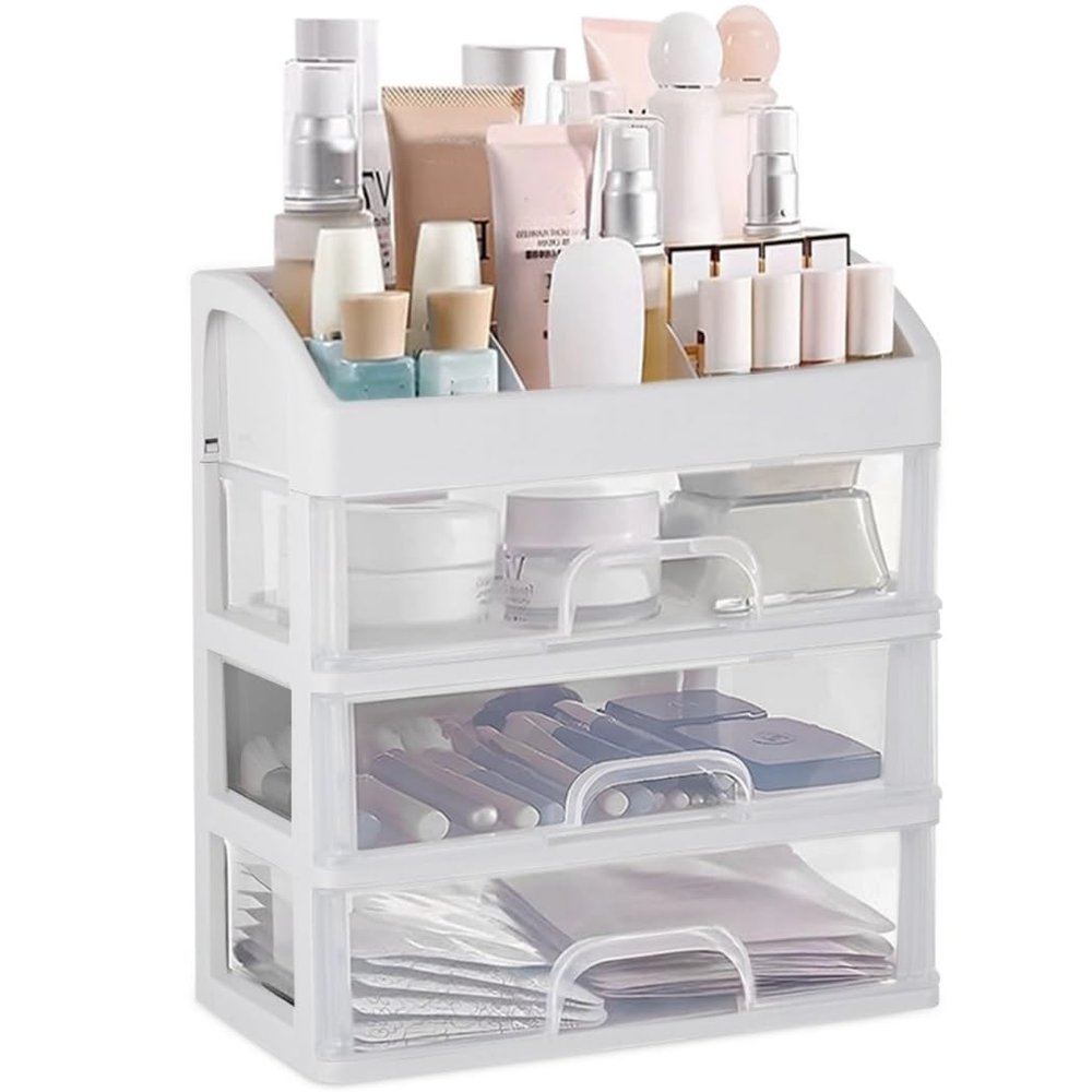 3-Drawer Cosmetic Organizer, Storage Box for Makeup, Vanity, Bathroom, White