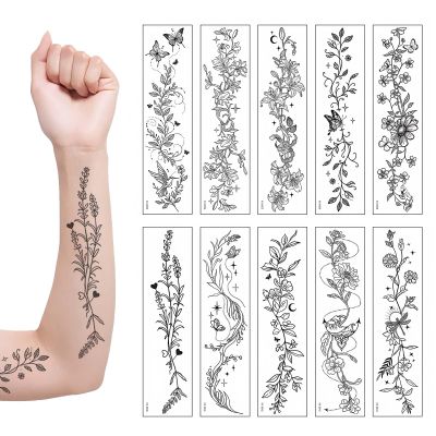 10 Sheets Temporary Tattoos for Adults, Fake Tattoo Stickers with Realistic Floral, Henna, Branch & Minimalist Designs - Long-Lasting Waterproof Body Art for Women Girls for Arm, Ankle, Wrist
