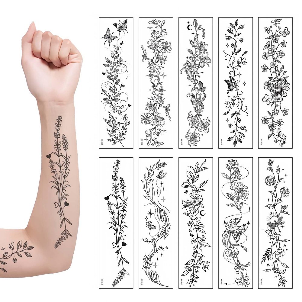 10 Sheets Temporary Tattoos for Adults, Fake Tattoo Stickers with Realistic Floral, Henna, Branch & Minimalist Designs - Long-Lasting Waterproof Body Art for Women Girls for Arm, Ankle, Wrist