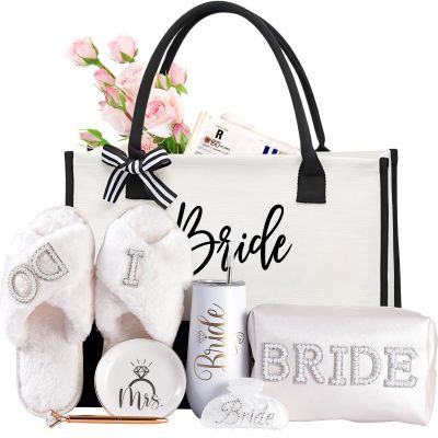 Bridal Shower Gifts7-Piece Birde Gift Set with Tumbler, Tote, Slippers, Makeup Bag & More-Gift for Bride to be Bachelorette Gifts for Her-Bridal Shower Decorations