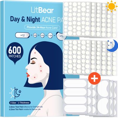 LitBear Pimple Patches for Face, 600 Counts Day and Night Acne Patches, Hydrocolloid Patches for Covering Zit and Blemishes, Large Breakouts, 5 Sizes Thin & Thick Spot Dots Stickers for Chin, Forehead