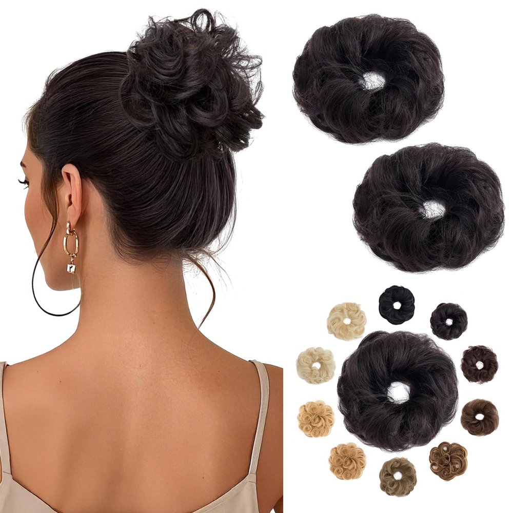 Hairro Human Hair Messy Bun, 100% Real Ponytail Hair Scrunchies, Natural Curly Chignon Fluffy Donut Updo, Hairpiece with Elastic Rubber Band for Women, 2 Count Natural Black Wavy