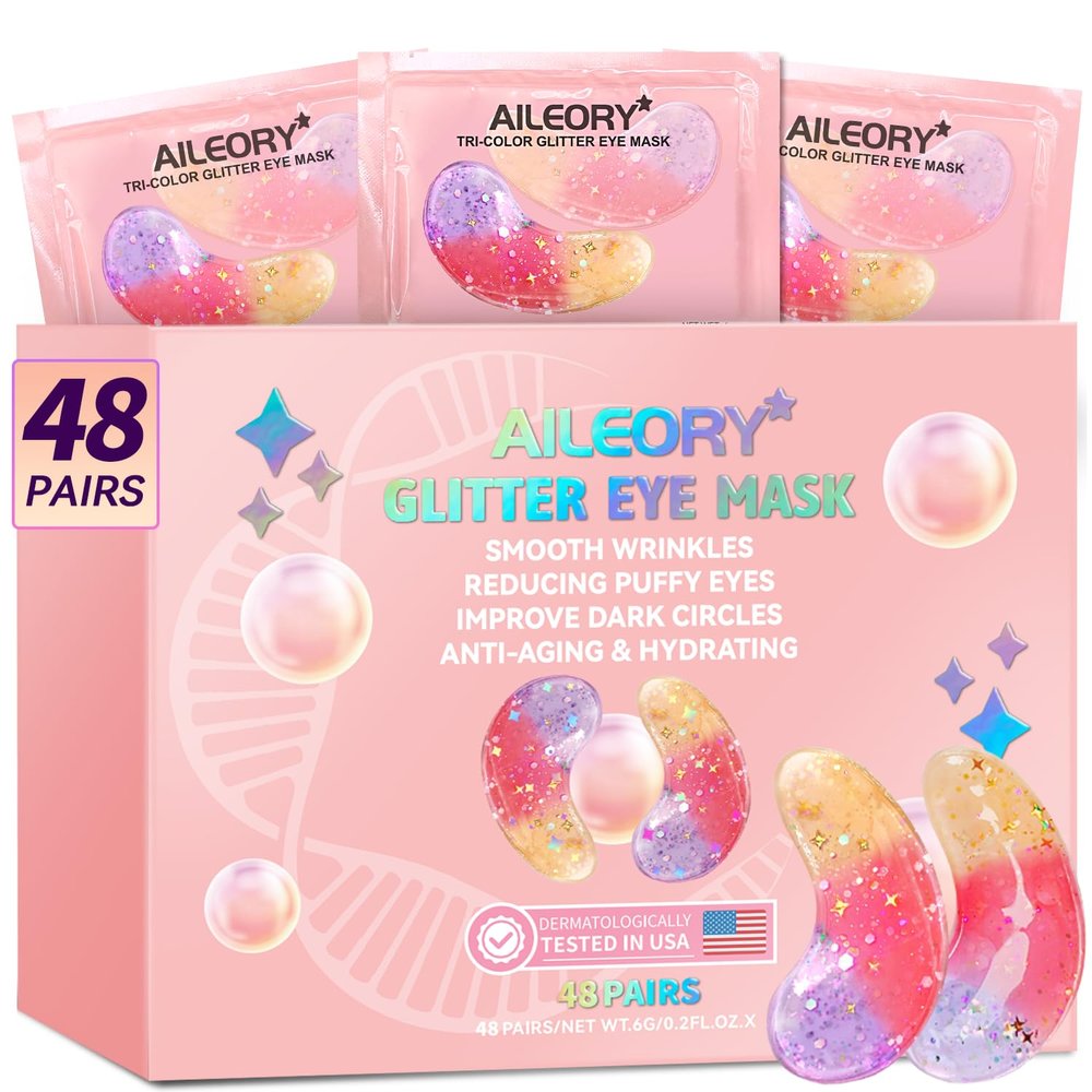 AILEORY Under Eye Patches (48 Pairs) - New Tri-color Glitter Eye Gel Pads for Dark Circles Puffy Eyes,Under eye Bags,Wrinkles|Natural Collagen Under Eye Mask Patches, Gel Under Eye Patches