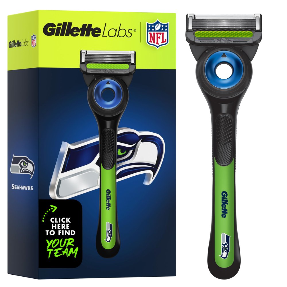 Gillette Labs Special NFL Seahawks Edition Shaving Razor for Men - 1 Handle, 4 Razor Blade Refills & Magnetic Stand, GilletteLabs with Exfoliating Bar