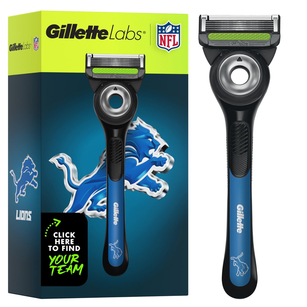 Gillette Labs Special NFL Lions Edition Shaving Razor for Men - 1 Handle, 4 Razor Blade Refills & Magnetic Stand, Holiday Gifts for Men, GilletteLabs with Exfoliating Bar