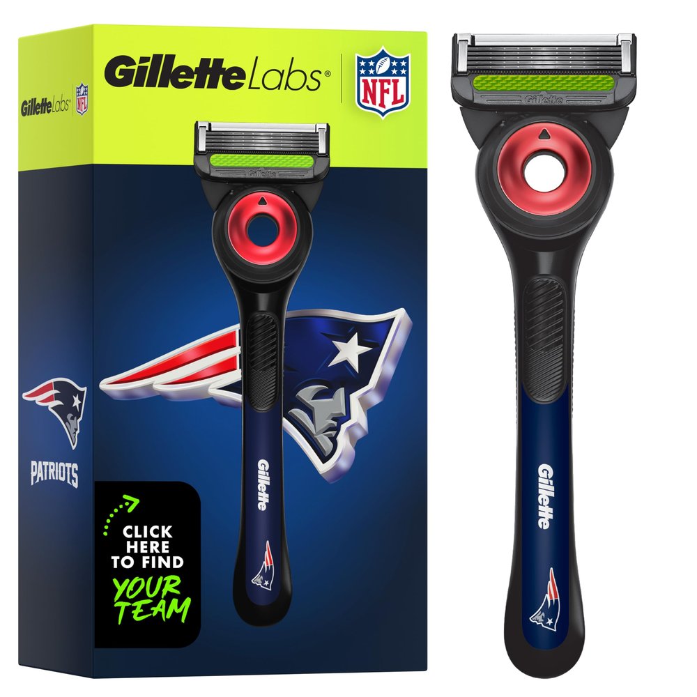 Gillette Labs Special NFL Patriots Edition Shaving Razor for Men - 1 Handle, 4 Razor Blade Refills & Magnetic Stand, Holiday Gifts for Men, GilletteLabs with Exfoliating Bar