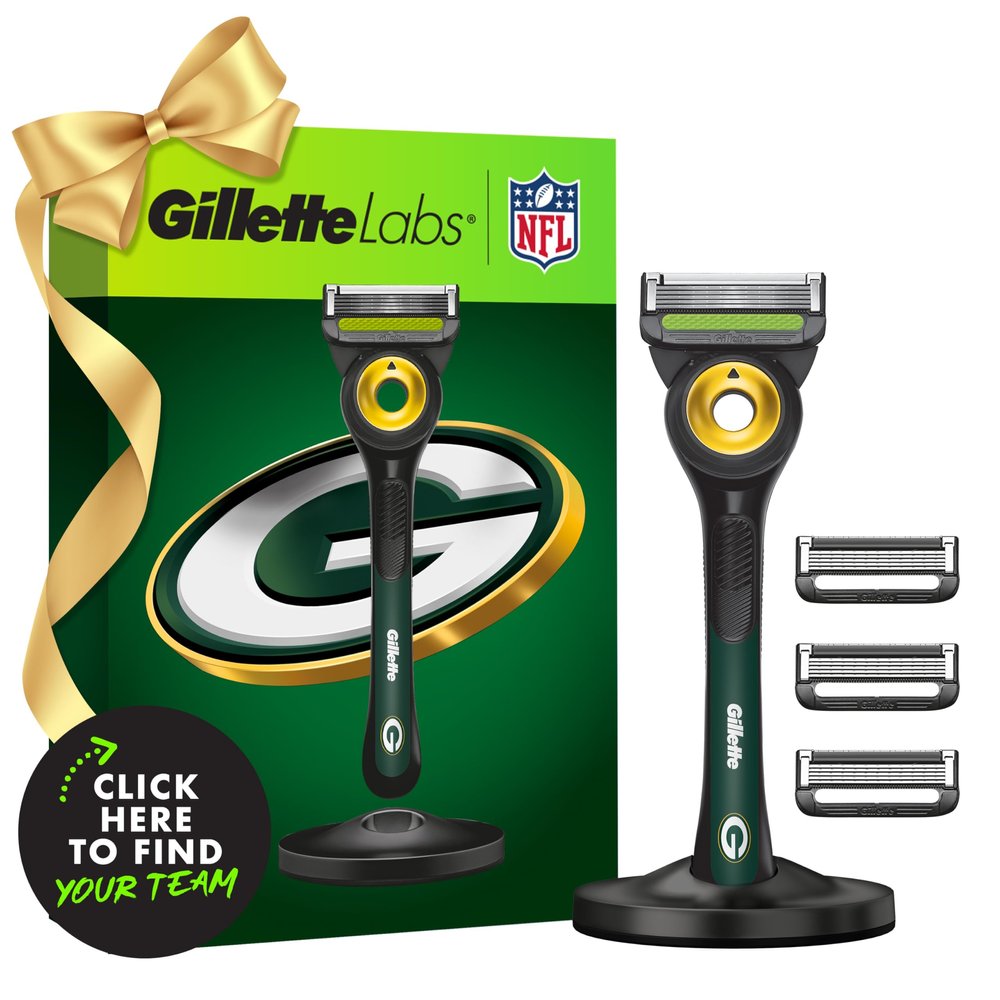 Gillette Labs Special NFL Packers Edition Shaving Razor for Men - 1 Handle, 4 Razor Blade Refills & Magnetic Stand, Holiday Gifts for Men, GilletteLabs with Exfoliating Bar