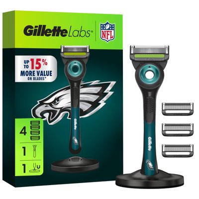 Gillette Labs Special NFL Eagles Edition Shaving Razor for Men - 1 Handle, 4 Razor Blade Refills & Magnetic Stand, GilletteLabs with Exfoliating Bar