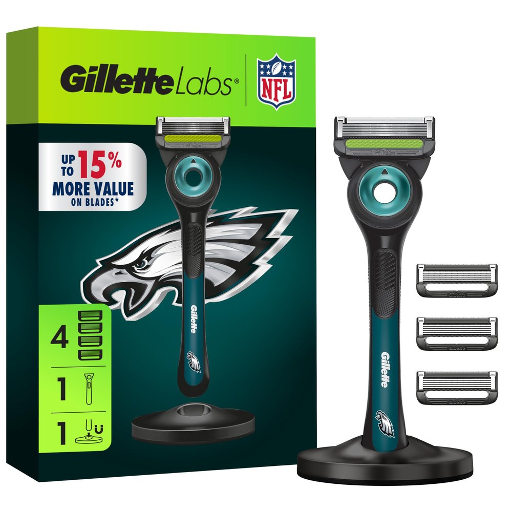 Gillette Labs Special NFL Eagles Edition Shaving Razor for Men - 1 Handle, 4 Razor Blade Refills & Magnetic Stand, GilletteLabs with Exfoliating Bar