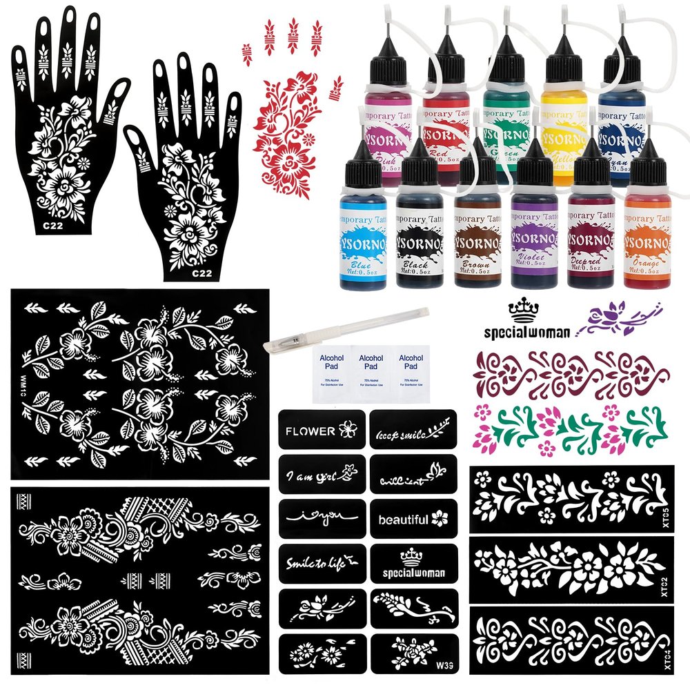 11 Colors Temporary Tattoo Ink Kit, 11 Bottles Tattoo Ink with 1Pcs Outline Pen for DIY Body Paint, Safe & Easy tattoos(Black,Red,Green,Purple,Orange,Navy, Blue,Brown,Pink,Grey,Yellow)