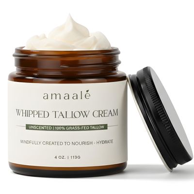 amaal 100% Grass-Fed Whipped Tallow Cream (Unscented) - Halal-Certified Beef Tallow for Skin with Organic Raw Honey, Olive Oil & Vitamin E - Natural Face & Body Moisturizer for All Skin Types, 4 oz
