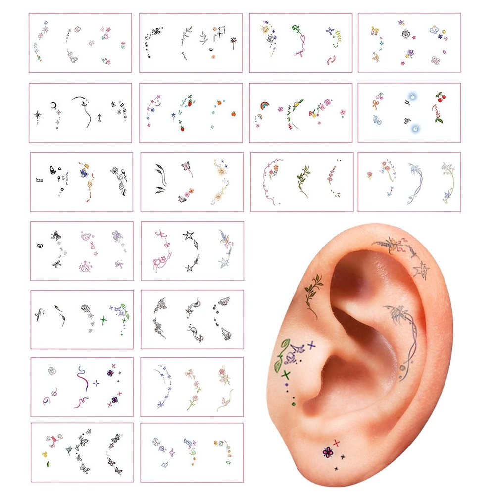 20 Sheets Temporary Tattoos for Adults | Long-Lasting Fake Tattoo Stickers for Ear Cuffs & Fingers | Waterproof & Durable Tattoos for Women & Girls