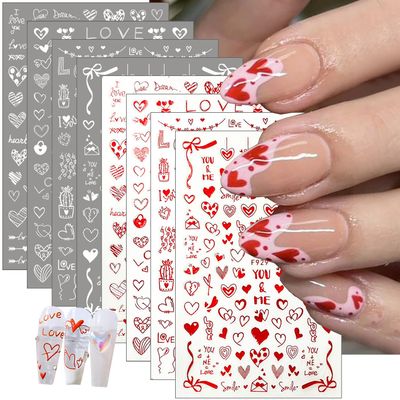 8 Sheets Valentines Nail Art Sticker Red Romantic Heart Nail Decals Personalized Bow Nail Design Stickers Love Letter False Nails Valentines Nail Design Stickers Glossy Nail Art Supplies for Women