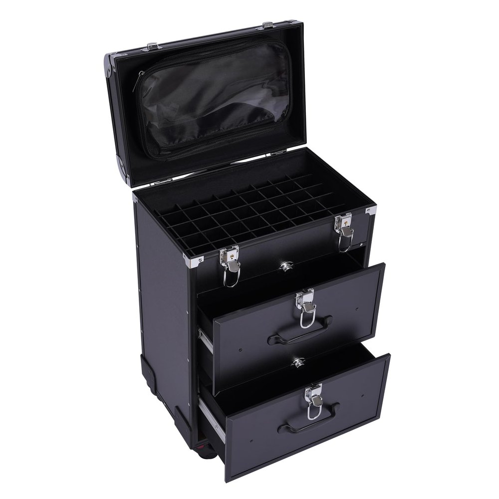 APOUDM 3 In 1 Professional Makeup Train Case Aluminum Cosmetic Case Rolling Makeup Case Extra Large Trolley Black