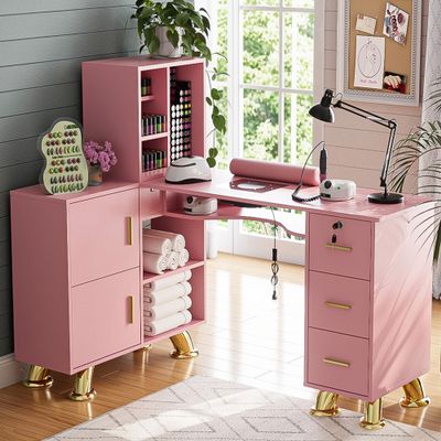 Manicure Table Nail Station w/Dust Collector - L-Shaped Nail Tech Table with Shelves, Storage Cabinets, Drawers, Metal Handles & Legs, Salon Wrist Rest, Beauty Salon Workstation Decor (Pink)