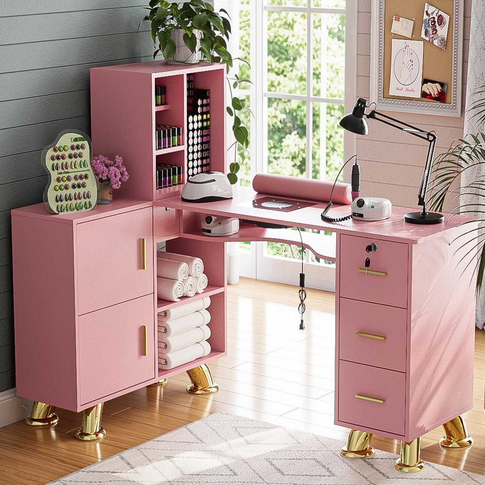 Manicure Table Nail Station w/Dust Collector - L-Shaped Nail Tech Table with Shelves, Storage Cabinets, Drawers, Metal Handles & Legs, Salon Wrist Rest, Beauty Salon Workstation Decor (Pink)