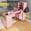 Manicure Table Nail Station w/Dust Collector - L-Shaped Nail Tech Table with Shelves, Storage Cabinets, Drawers, Metal Handles & Legs, Salon Wrist Rest, Beauty Salon Workstation Decor (Pink) view 3