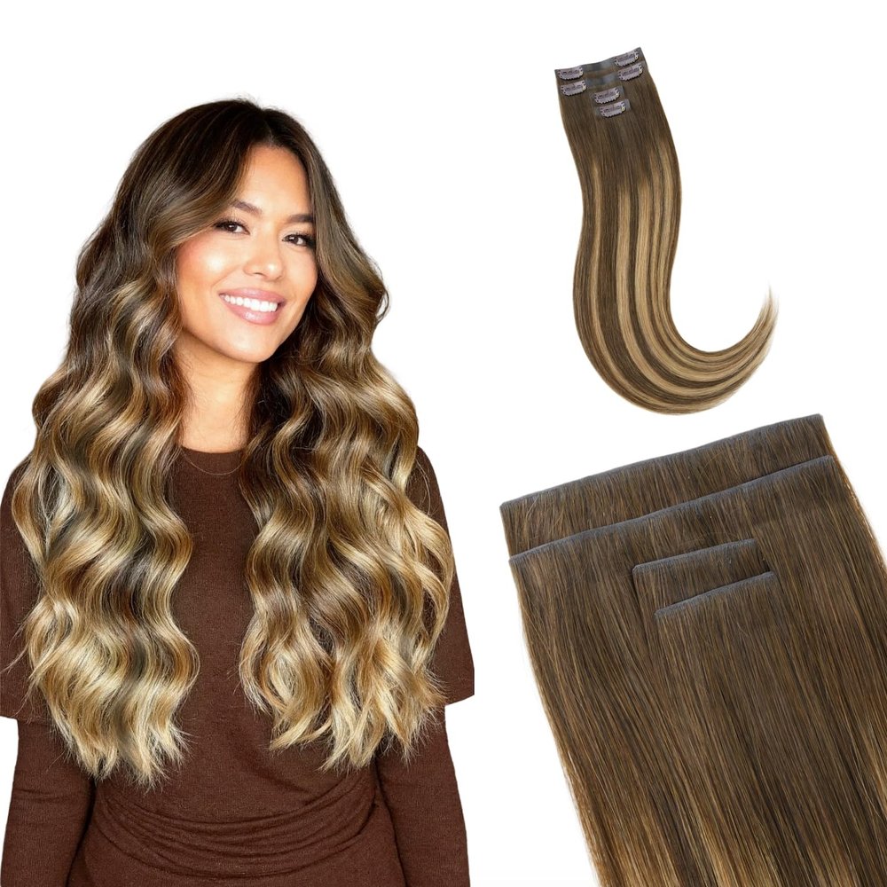 GOO GOO Invisi Edge Clip in Hair Extensions, 18inch 50g 4Pcs, Injected Seamless PU Clip in Hair Extensions, Virgin Real Human Hair, #4/27/4 Balayage Chocolate Brown to Caramel Blonde