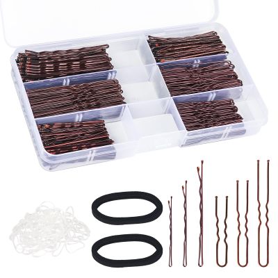 402pcs Bobby Pins U Hair Pins Set, 150pcs Wavy Bobby Pins 150pcs Hair Pins and 102pcs Hair Bands, U Pins for Hair Buns Women and Girls All Hair Types 2inch 2.4inch 2.75inch, Brown