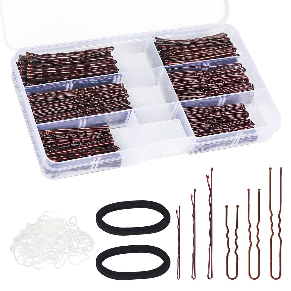 402pcs Bobby Pins U Hair Pins Set, 150pcs Wavy Bobby Pins 150pcs Hair Pins and 102pcs Hair Bands, U Pins for Hair Buns Women and Girls All Hair Types 2inch 2.4inch 2.75inch, Brown