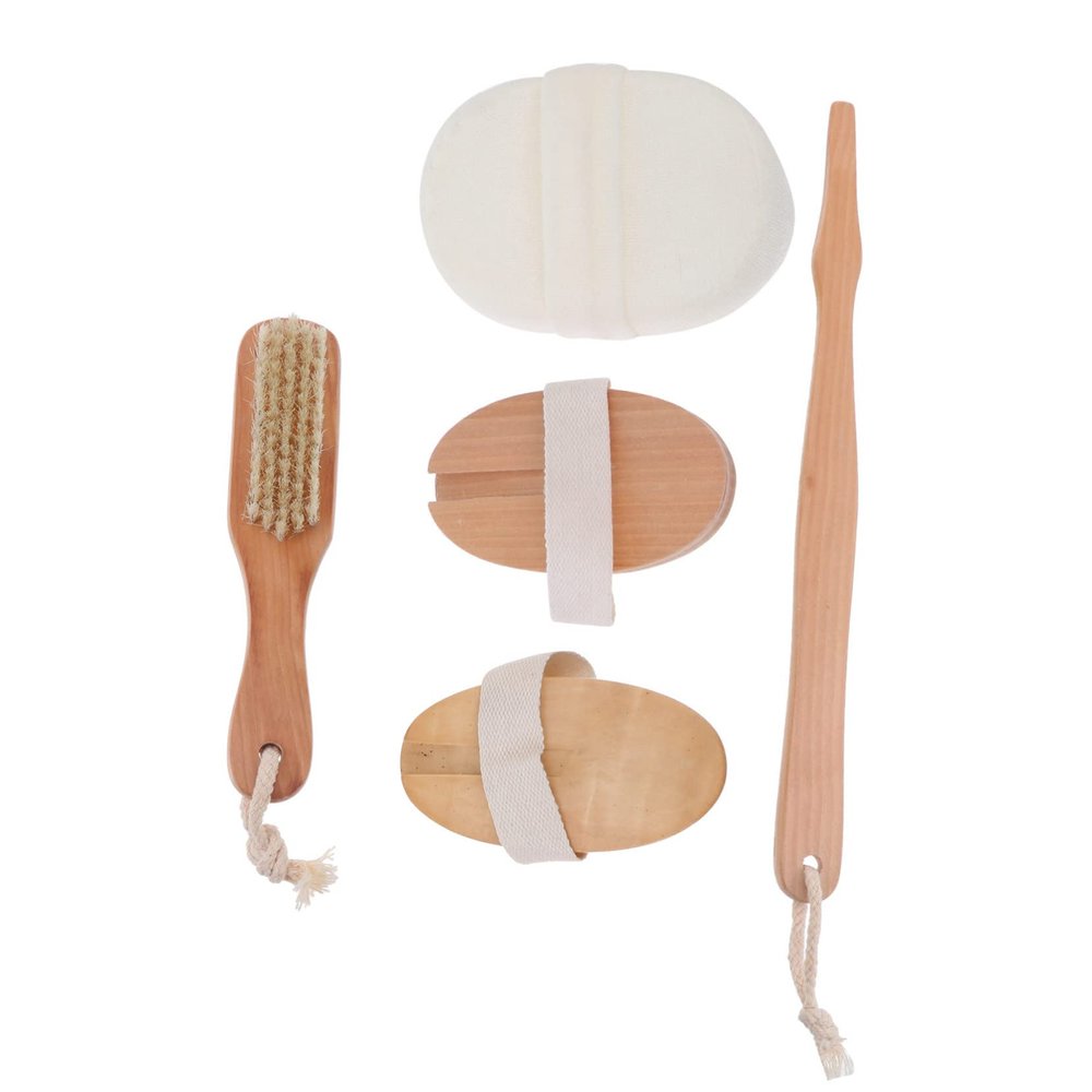 WOFASHPURET Natural Bamboo Wood Pig Bristle Bath Brush Set 4-Piece Kit for Exfoliating Feet and Back Handheld Bathing Tool for Spa and Relaxation