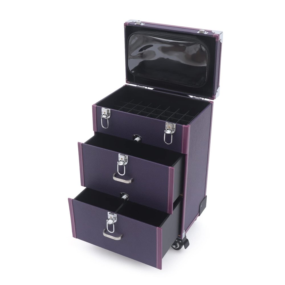 Ginelm Professional Rolling Makeup Case Large Capacity w/Wheels & Locks, Detachable Organizer for Salon Artists, Travel, Home Storage (Purple)