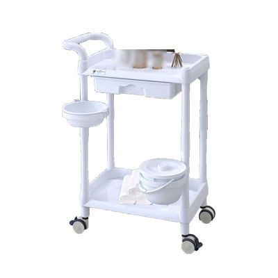 2-Tier Mobile Beauty Salon Storage Trolley with Drawer, Liftable Beauty Bowl & Trash Can for Clinic, Beige(White)