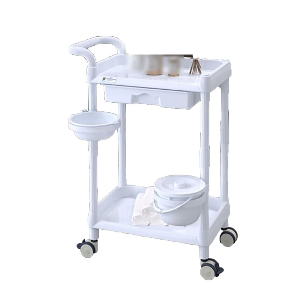 2-Tier Mobile Beauty Salon Storage Trolley with Drawer, Liftable Beauty Bowl & Trash Can for Clinic, Beige(White)