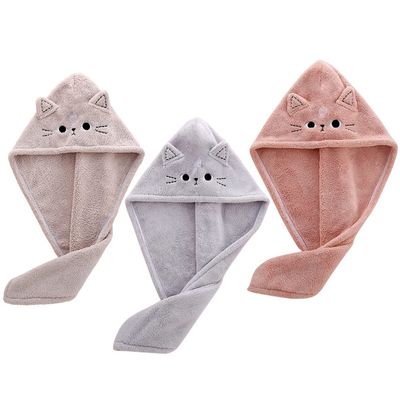 ARTIBETTER 3 Pack Hair Drying Towels Cute Cat Coral Fleece Fast Drying Hair Towel with Button for Women Girls Kids