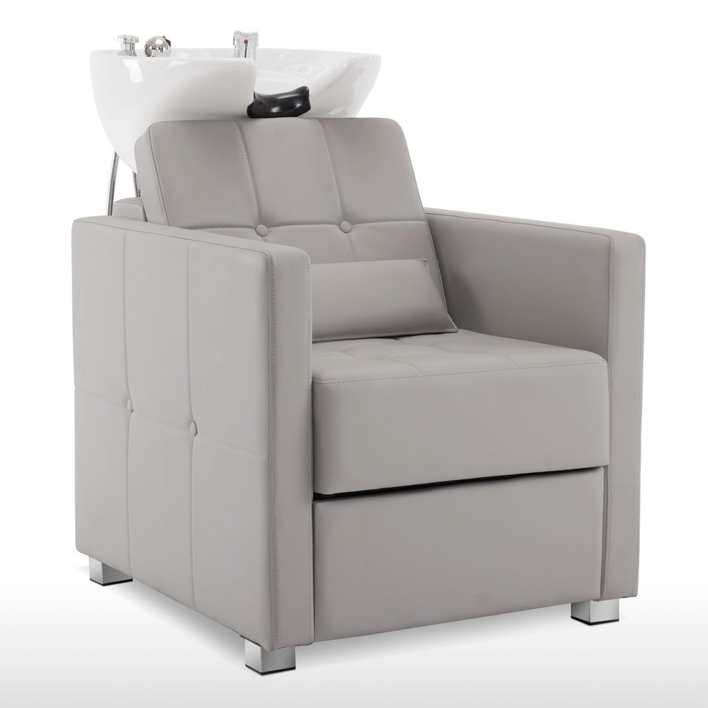 BarberPub Backwash Shampoo Station Chair, Adjustable Porcelain Ceramic Hair Wash Bowl, Vacuum Breaker, Professional Shampoo Chair and Bowl Unit for Salon and Spa 9309 (Gray)