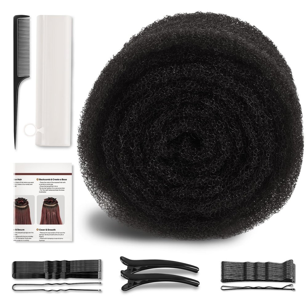 Hair Padding for Updos | Volumizing Hair Donut Bun Maker | Sponge Hair Filler Pads & Undetectable Updo Tool | Includes Bobby Pins, U Shape Hair Pin, Comb and Plastic Clips