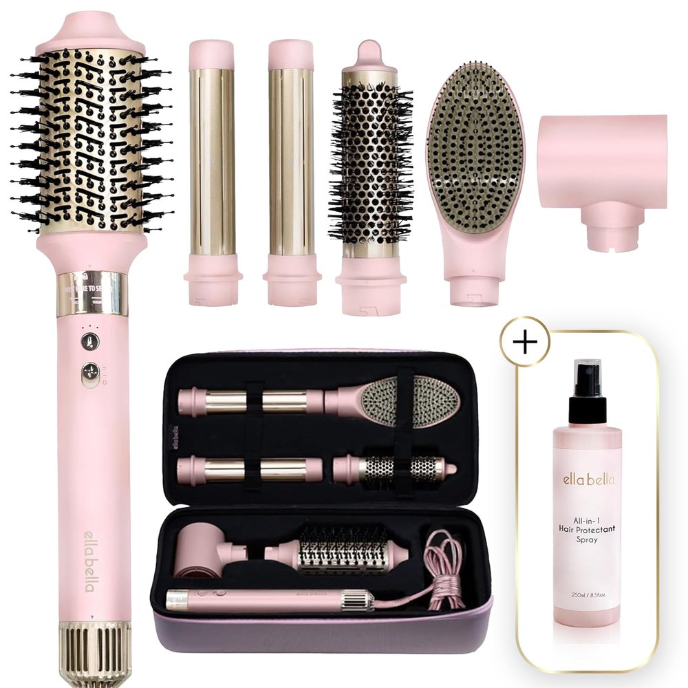 ELLA BELLA 6-in-1 Hot Air Styler Pink & Heat Protectant Spray  Powerful Hair Dryer Set for Fast Curling, Volumizing, Straightening  Includes Travel Case  UV Shield & Nourishing Hair Care