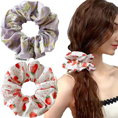 2 Pcs Spring Women's Large Lace Floral Scrunchies for Thin Thick Curly Hair, Strawberry Fruit Love Heart Big Hair Ties Elastic Hair Bands Ponytail Holders for Autumn (5.5inches vine flower strawberry)