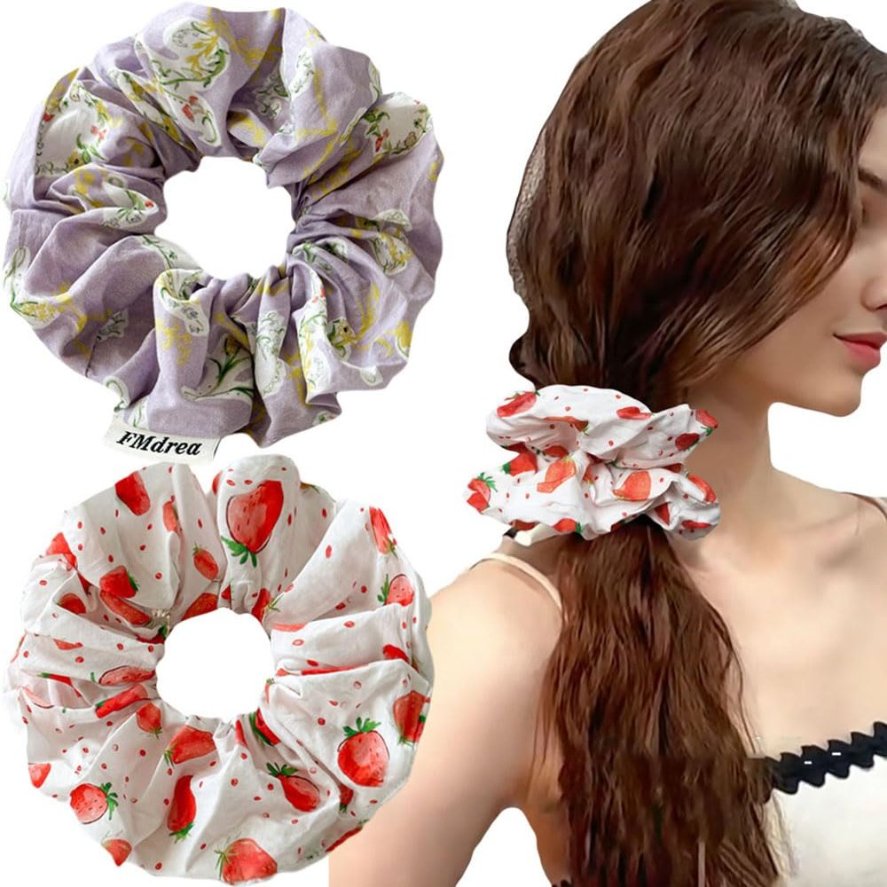2 Pcs Spring Women's Large Lace Floral Scrunchies for Thin Thick Curly Hair, Strawberry Fruit Love Heart Big Hair Ties Elastic Hair Bands Ponytail Holders for Autumn (5.5inches vine flower strawberry)