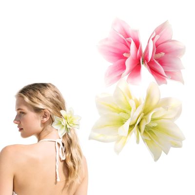 2 PCS Hawaiian Flower Hair Clips for Women Orchid Hair Claw Clips Artificial Hibiscus Flower Hair Barrettes for Wedding Bridal Beach Party(Pink White+Yellow White)