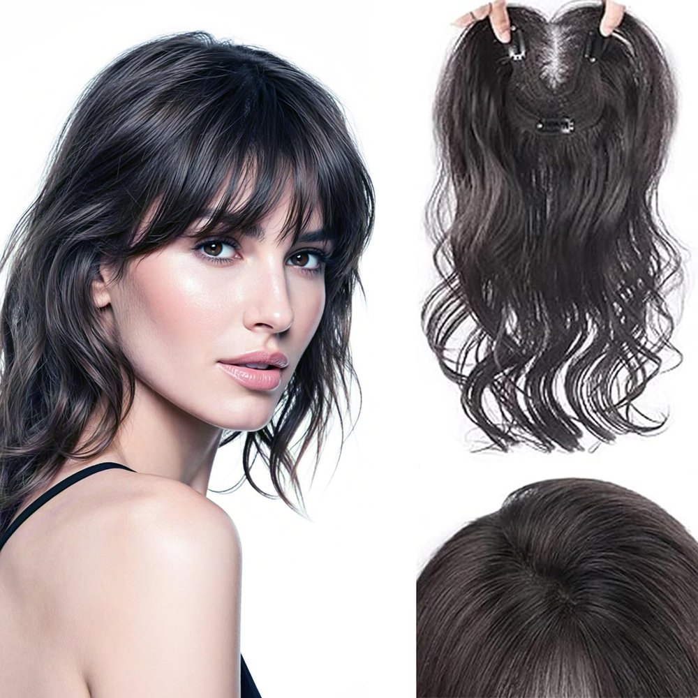 18" Invisible Natural Wavy Hair Topper with Curtain Bangs Forehead Invisible Top Hairpiece Free Part Clip in Hair Topper Wiglet Hairpiece Brown Black