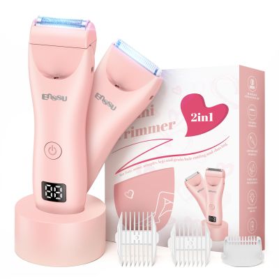 ENSSU Bikini Trimmer for Women - 2 in 1 Pubic Hair Trimmer IPX7 Waterproof, Razors for Women with LED Light & USB Charge, Painless Electric Shaver with Ceramic Blade for Bikini Legs Arm Underarm
