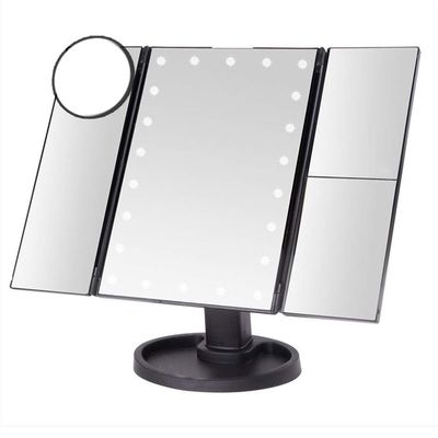 22 LED Makeup Mirror Touch Screen Table Mirror with Light 3 Fold Adjustable Vanity Cosmetic Mirrors USB Dual Power Supply 3X/10X (Color : Black)