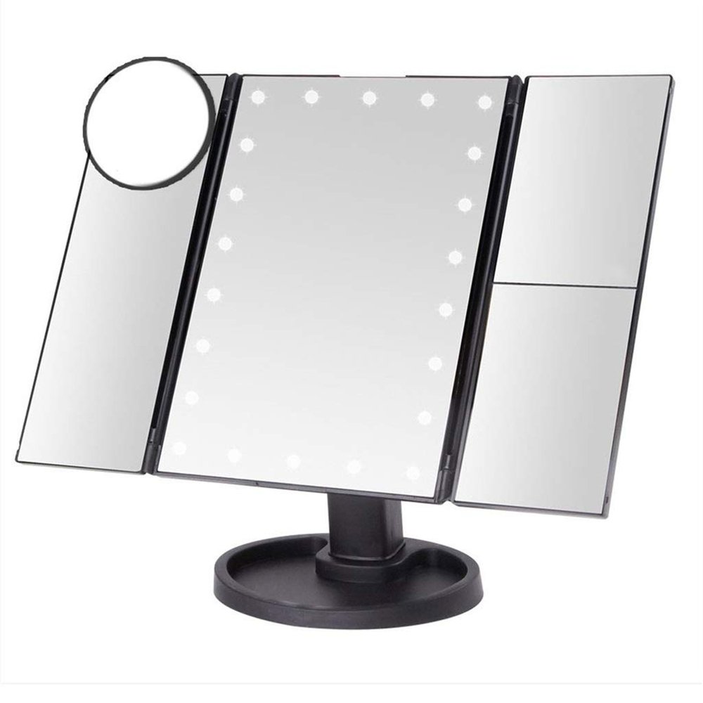 22 LED Makeup Mirror Touch Screen Table Mirror with Light 3 Fold Adjustable Vanity Cosmetic Mirrors USB Dual Power Supply 3X/10X (Color : Black)