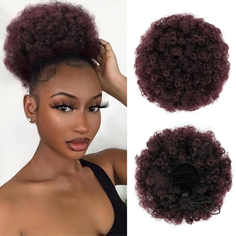 quesdom Afro Puff Ponytail Extension Synthetic Premium Ombre Red 80 Grams Afro Puff Drawstring Clip on Kinky Curly Bun for Black Women(1BT99J Ombre Red)