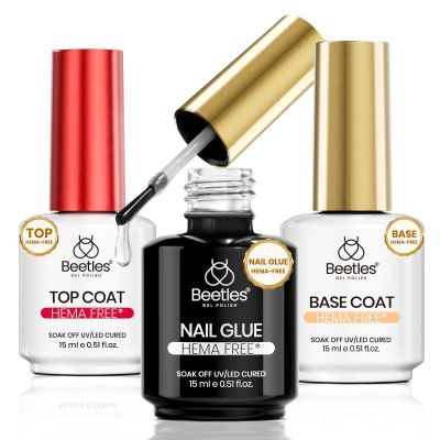 Beetles 3Pcs 15ml HEMA-Free Nail Glue Top Coat & Base Gel Set, TPO Free No Wipe Top Coat Base Nail Glue Gel for False Nails, Shine Effect Long Lasting Nail Extension DIY Salon Home, U V Light Required