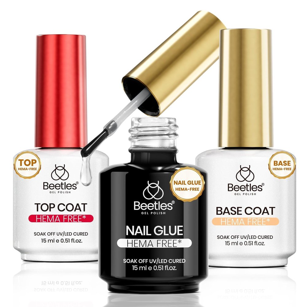 Beetles 3Pcs 15ml HEMA-Free Nail Glue Top Coat & Base Gel Set, TPO Free No Wipe Top Coat Base Nail Glue Gel for False Nails, Shine Effect Long Lasting Nail Extension DIY Salon Home, U V Light Required