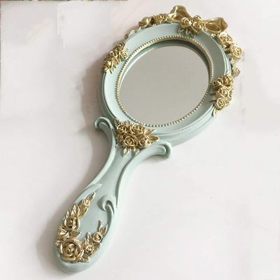1Pc Rectangle Hand Hold Cosmetic Mirror with Handle Makeup Mirror Cute Creative Wooden Vintage Hand Mirrors Makeup Vanity Mirror (Color : Blue)